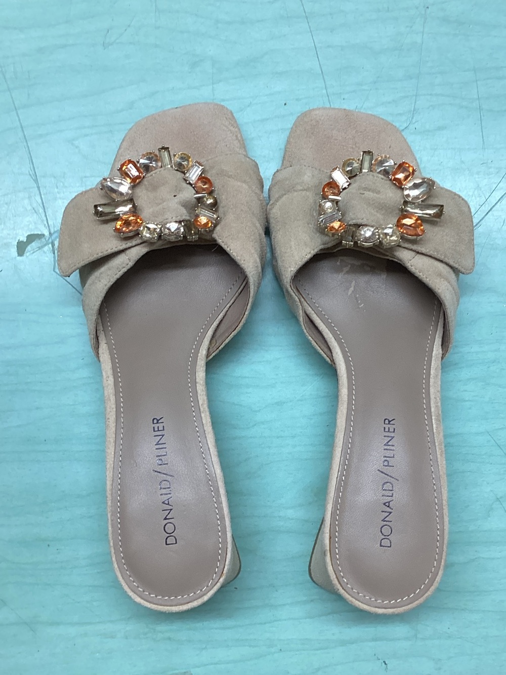 Donald J. Pliner Taupe Suede Gem-Embellished Mule Pumps